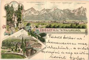 1894 (Vorläufer!!!) Alsótátrafüred, Dolny Smokovec; Óriási vízesés, hegycsúcsok / waterfall. mountain peaks. Art Nouveau, floral, litho (fa)