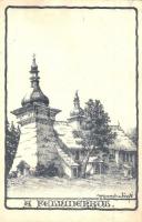 A Felvidékről. fa templom; kiadja a Magyar Jövő / wooden church in Slovakia, Hungarian irredenta, artist signed