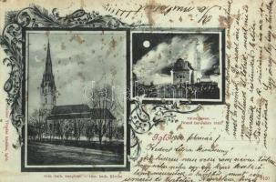 1900 Igló, Zipser Neudorf, Spisská Nová Ves; Római katolikus templom, a város égése. Szútor Tivadar kiadása / church, burning town, great fire. Art Nouveau (fl)