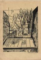 Vaszary Gábor (1892-1985): Házak felett  szignált grafika; tus, papír 18x26cm