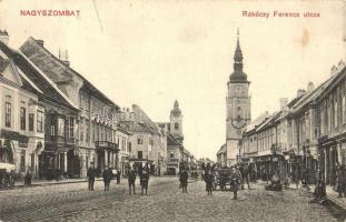 1910 Nagyszombat, Tyrnau, Trnava; Rákóczy Ferenc utca, templom, Dreher Antal dalárda és sörcsarnok, kávéház, üzletek / street view with shops, beer hall and cafe (szakadás / tear)