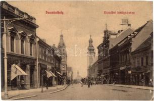 1909 Szombathely, Erzsébet királyné utca, templom, Grünhut T., Kiss Ede, László Ignácz üzlete, takarékpénztár. W.L. (?) 158. (ragasztónyom / gluemark)