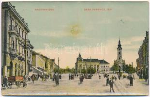 1910 Nagykanizsa, Deák Ferenc tér, templom, lovaskocsi. W.L. (?) 18. (fa)