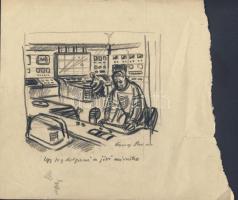 Gugi Sándor (1917-1998): Így fog dolgozni a jövő mérnöke; szignált, tus, papír 23x22cm