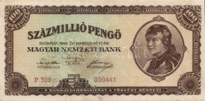 1936. 10P zöld festékfoltokkal! T:I + 1945. 100P + 500P T:I + 1930. 100P T:II + 1946. 100.000.000P T:II+