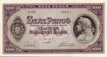 1936. 10P zöld festékfoltokkal! T:I + 1945. 100P + 500P T:I + 1930. 100P T:II + 1946. 100.000.000P T...