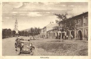 1930 Gnézda, Gnazdy, Hniezdne; utcakép Praga autóval, templom / street view with Praga automobile, church (EB)