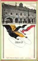 Igló, Zipser Neudorf, Spisská Nová Ves; Szepesi XVI. Városi Takarékpénztár. Habsburg és német birodalmi zászlók. Feitzinger Ede No. 703. 1915. / savings bank. Habsburg and German Imperial flags (kopott sarkak / worn corners)