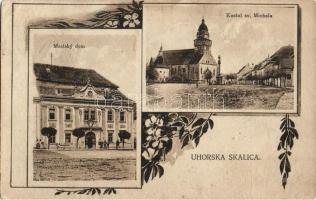 1919 Szakolca, Skalica, Uhorske Skalica; Városháza, Szent Mihály templom / Mestsky dom, Kostol sv. Michala / town hall, church. floral  (EK)