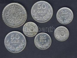 Svédország 10ö Ag 1940,1954 + 25ö Ag 1914,1929 + 50ö Ag 1935,1938 + 1K Ag 1947 Összesen 7db! T:2/3,3