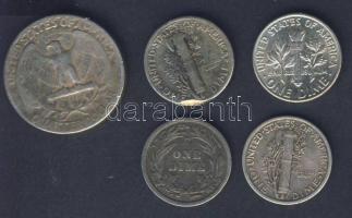 USA 10c Ag 1911 "Barber", 1919,1941 "Mercury", 1962 "Roosevelt" + 1/4$ Ag "Washington" T:3,3+ ph.