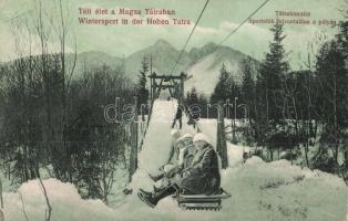 1917 Tátralomnic, Tatranská Lomnica (Tátra, Magas Tátra, Vysoké Tatry); Téli élet a Magas Tátrában, sportolók felvontatása a pályán, téli sport, kötélfelvonó / Wintersport / winter sport, rope lift, sled (EK)