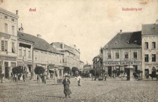 1908 Arad, Szabadság tér, Szappan és Gyertyagyár, Hubert J. és Társa, Erber és Fleischmann, Rosenberg József, Daimel Lajos, Schwarz Testvérek üzlete / square, soap and candle factory, shops (kopott sarok / worn corner)