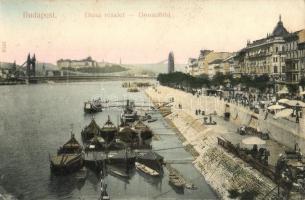 1909 Budapest, Duna részlet az Erzsébet híddal, uszályok, rakpart  (EK)