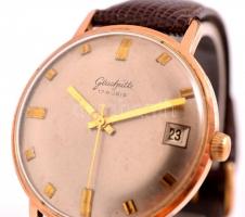 Glashütte dátumkijelzős férfi karóra, vízálló, bőr szíjjal, működik, d: 3,5 cm