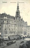 1908 Budapest VII. New York palota, Erzsébet körút villamosokkal, Harsányi testvérek New York kávéháza, Bank váltóüzlet, kéményseprő létrával