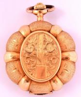 14k dupla fedeles, vésésekkel díszített női arany zsebóra, nem működő szerkezettel, d 3,5 cm / 14 C ...