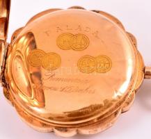 14k dupla fedeles, vésésekkel díszített női arany zsebóra, nem működő szerkezettel, d 3,5 cm / 14 C ...