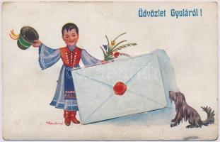 Gyula, Népviseletes lepotellólap / Hungarian folklore leporellocard s: Klaudinyi  (Rb)