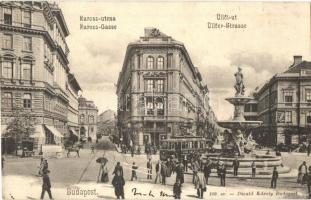 1902 Budapest VIII. Baross utca, Üllői út, Kálvin tér, villamos, Gyógyszertár, Magyar Lámpagyár üzlete, Calvin kávéház. Divald Károly 109. sz. (EK)