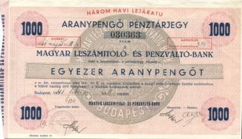 1941. A Magyar Leszámítoló- és Pénzváltó Bank pénztárjegye 1000 Aranypengőről T:I-