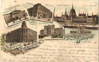 1896 (Vorläufer!!!) Budapest, Nemzeti Múzeum, Műegyetem, Parlament, Országház, Nemzeti Színház, Központi (Keleti) pályaudvar, vasútállomás, gőzhajó. Art Nouveau, floral, litho (lyuk / hole)