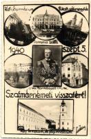 1940 Szatmárnémeti, Satu Mare; Horthy Miklós, Katolikus főgimnázium és székesegyház, Pannonia szálló, református templom és főgimnázium. Foto Kósa / grammar school, cathedral, hotel "1940 Szatmárnémeti visszatért" So. Stpl