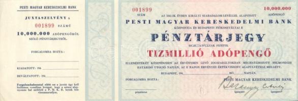 cca 1946. A Pesti Magyar Kereskedelmi Bank pénztárjegye 10.000.000AP-ről (blankó) szelvénnyel T:I-