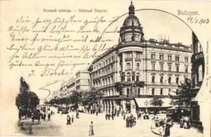 1903 Budapest VIII. Nemzeti színház és bérháza, Ehm János étterme és sörcsarnoka, villamosok, Kerepesi út (Rákóczi út) és Múzeum körút kezdete. Divald Károly 241.