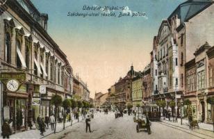 Miskolc, Széchenyi utca, Bank palota, üzletek, villamos (EK)