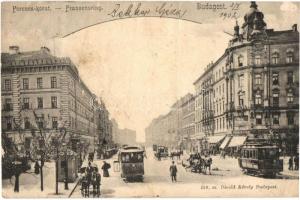1902 Budapest IX. Ferenc körút, villamos, üzletek, lovaskocsik. Divald Károly 138. sz. (fa)