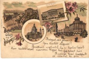 1900 Budapest, Ferenc József tér, Nemzeti Múzeum, Erzsébet körút,  villamos, Bazilika. Ottmar Zieher Art Nouveau, floral, litho (szakadás / tear)