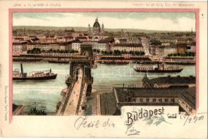 1901 Budapest I. Látkép a királyi palotától és Lánchíd, Bazilika, gőzhajók. Gustav Ertel Art Nouveau, litho (EK)