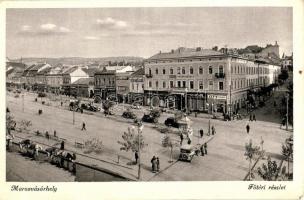 Marosvásárhely, Targu Mures; Fő tér, automobilok, Takarékpénztár, Kalap Király, üzletek / main square, automobiles, shops savings bank