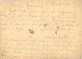 1944 Lévai Györgyné levele férjének Lévai György zsidó 109/16 KMSZ (közérdekű munkaszolgálatos) a dé...