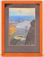 Bernáth jelzéssel: Kilátás a Gellért-hegyről, olaj, vászon, sérült, paszpartuban, üvegezett fa keret...