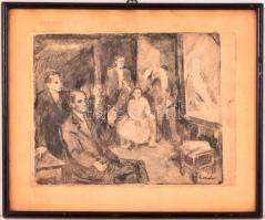 Kondor jelzéssel: Társaság, pasztell, papír, üvegezett fa keretben, 21,5×27,5 cm