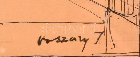 Vaszary jelzéssel: Templomtorony, tus, papír, üvegezett fa keretben, 28×36 cm