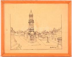 Vaszary jelzéssel: Templomtorony, tus, papír, üvegezett fa keretben, 28×36 cm