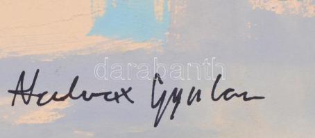 Halvax jelzéssel: Fák, házak. Vegyes technika, papír, foltos, felcsavarva, 41×59 cm