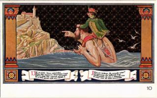 Budapest V. Egyetem utca 5. Erzsébet Királyné Szálló étterem és söröző pince, Sándor Béla falfestmén...