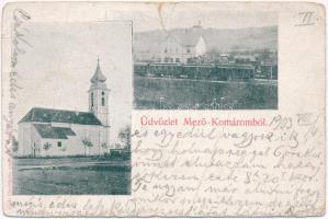 1903 Mezőkomárom, Vasútállomás, vonat, gőzmozdony, templom. Kiadja Alpár fényképész (szakadás / tear)