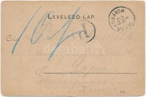 1903 Mezőkomárom, Vasútállomás, vonat, gőzmozdony, templom. Kiadja Alpár fényképész (szakadás / tear...