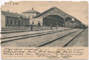 1903 Nagykanizsa, Pályaudvar, vasútállomás, vonat, vagonok, létra. Kiadja Alt & Böhm (b)