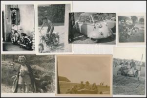Motorok és motorosok, 7 db vintage fotó + 3 db vintage negatív (a papírképek és a negatívok között n...