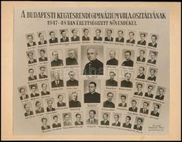1948 Budapesti Kegyesrendi Gimnázium tanárai és végzett növendékei, kistabló nevesített portrékkal, 16,5x20 cm, karton 18x23,5 cm