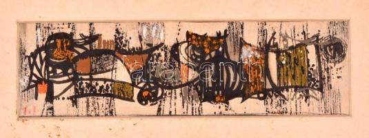 Fett Jolán (1927-2009): Kompozíció, vegyes technika, papír, paszpartuban, jelzett, 8×26 cm