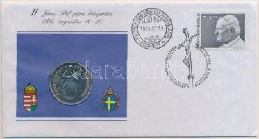 1991. 100Ft Cu-Ni II. János Pál pápa látogatása Magyarországon érmés borítékban, első napi bélyegzéssel, tájékoztatóval, eredeti műbőr tokban T:1 ujjlenyomat