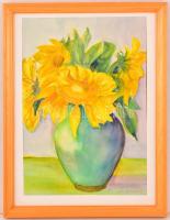 Deli Julianna (1962-): Napraforgós csendélet. Akvarell, papír, jelzett, üvegezett keretben, 37×25 cm