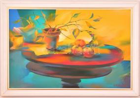 Szabados János (1937-): Vörös asztal. Olaj, farost, jelzett, keretben, 40×60 cm